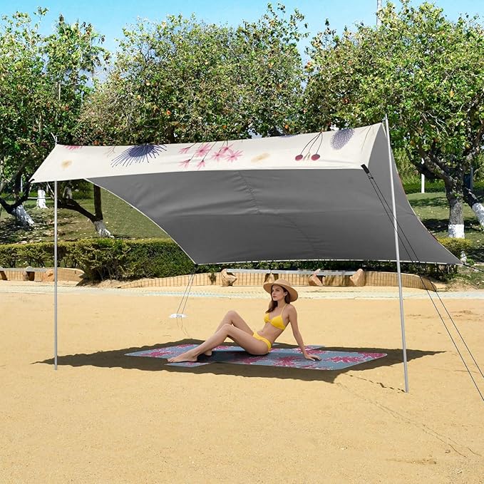 Wild Flowers Beach Tent Sun Shelter 9.2' x 10.5' Beach Canopy with 4 Sandbags 4 Stability Poles Sand Shovels - Tent Canopy for Beach Camping Fishing Picnics