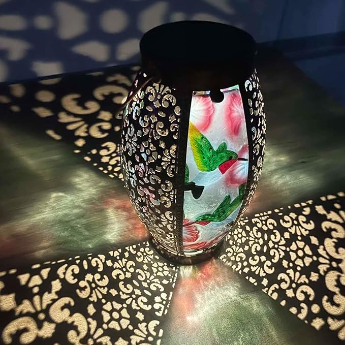 Hummingbird Solar Lanterns Glass &amp Metal Hanging Lantern Outdoor Waterproof 16 H Tabletop Light with Hollowed-Out Design for Garden Patio Table Decor Mother's Day Gift