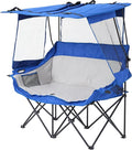 Double Camping Chairs with Canopy Shade Folding Beach Chair Heavy Duty Oversized Outdoor Padded Loveseat Chair 2 Person with Removable Roof Cup Holders Side Pockets Portable Carry BagBlue