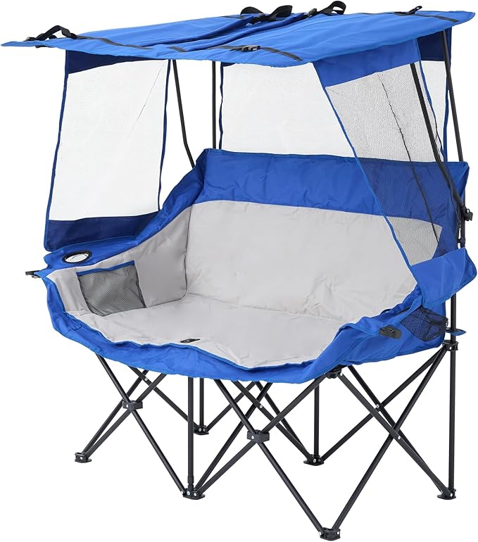 Double Camping Chairs with Canopy Shade Folding Beach Chair Heavy Duty Oversized Outdoor Padded Loveseat Chair 2 Person with Removable Roof Cup Holders Side Pockets Portable Carry BagBlue