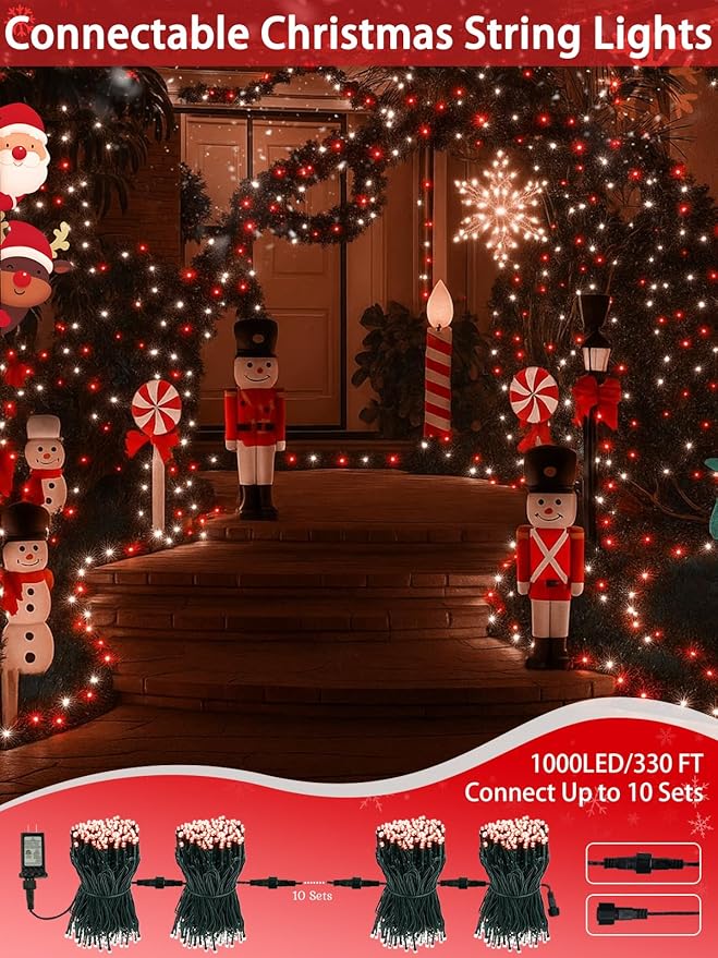 2-Pack 66FT 200 LED Christmas Lights 13 Modes Extendable Christmas Tree Lights with Timer &amp Memory Waterproof Twinkle Fairy Lights Green Wire Outdoor String Lights Indoor for Xmas Tree (Red Whit