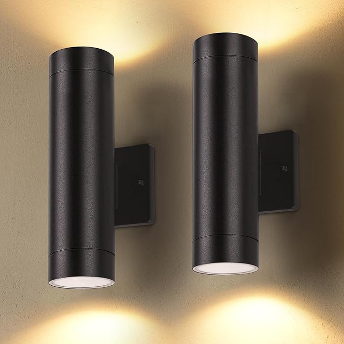 LUTEC Dusk to Dawn Outdoor Wall Lights 16W Integrated LED Cylinder Up-Down Sconce 3000K Waterproof Aluminum Exterior Lighting Matte Black Modern Porch and Entryway Wall Light Fixture 2 Pack