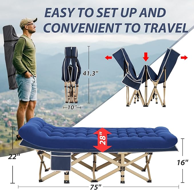 Folding Camping Cot for Sleeping Portable Cots for Adults Heavy Duty Cot Bed 550LBS(Max Load) Extra Wider Cots with Large Pocket for Outdoor Office Beach