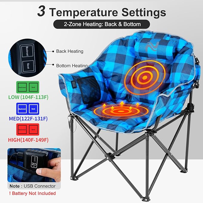 ABORON Oversized Heated Camping Chair Portable Folding Recliner with 3 Heat Settings Heavy-Duty Fully Padded Chair Supports Up to 500 lbs Ideal for Outdoor Adventures