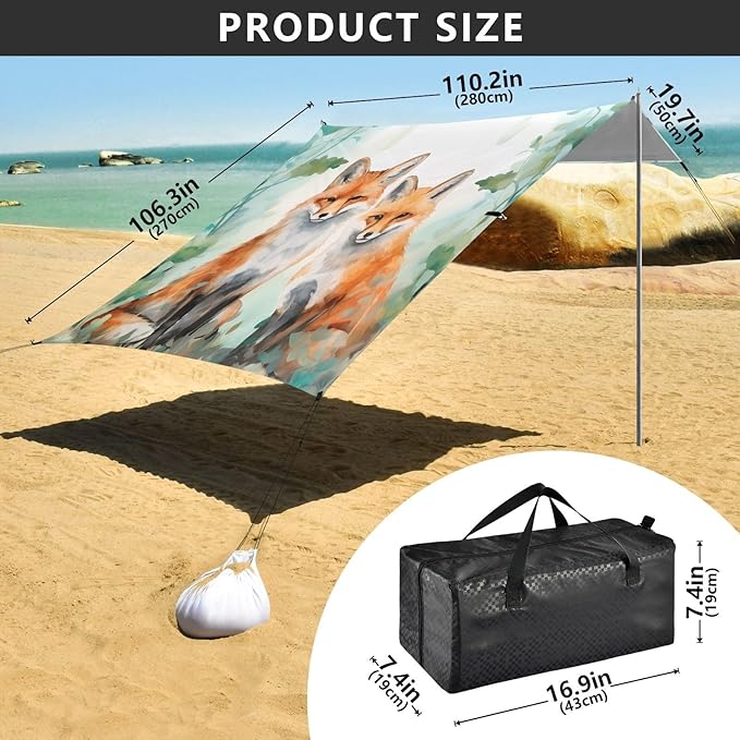 Cute FoxCamping Sun Shelters 9.2 x 10.5 FT Beach Canopy Tent Sun Shade with Carrying Bag for Camping Trips Fishing Backyard Fun or Picnics 21340389