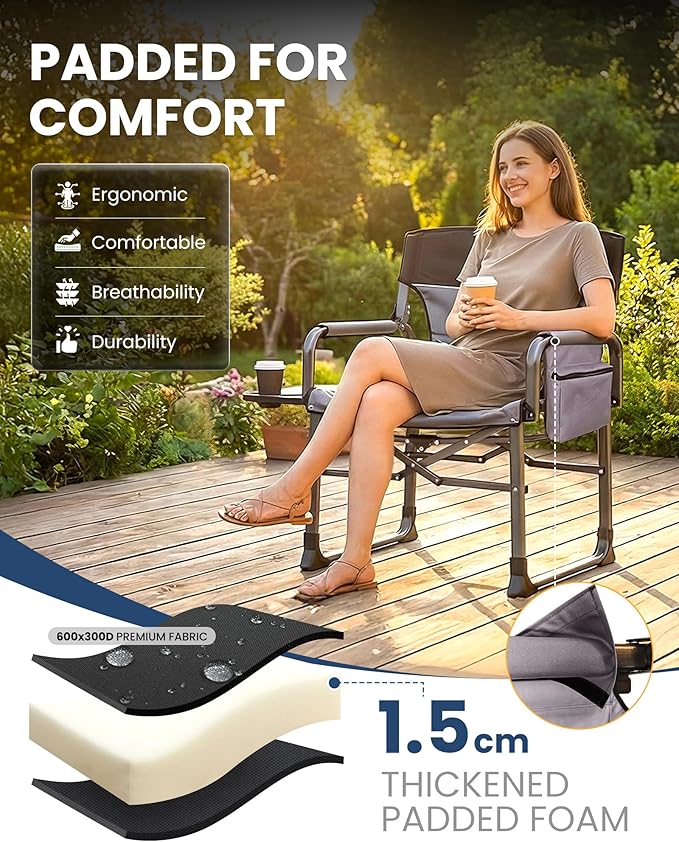 KingCamp XXL Heavy Duty Camping Directors Chair 550lbs Capacity Extra Wide Oversized Camp Chairs with Side Table &amp Cooler Bag Compact Padded Folding Chair for Big and Tall Outdoor Sports Picnic