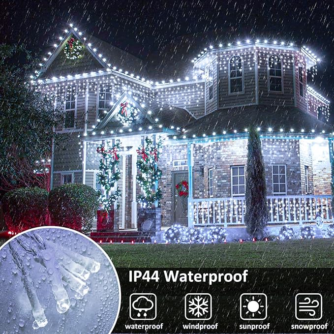 Icicle Lights for Outside 33FT 400 LED Icicle Christmas Lights Outdoor with 8 Modes 75 Drops Waterproof Plug in Curtain String Lights for Indoor House Yard Wedding Xmas Holiday Decorations White