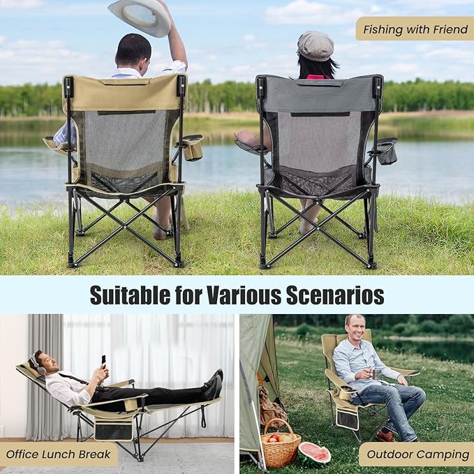KOTEK Reclining Camping Chair Portable Lounge Chair with Removable Foot Rest Adjustable Backrest Cup Holder &amp Carry Bag Folding Camp Chair for Outdoor Traveling Fishing Hiking Picnic (2 Khaki