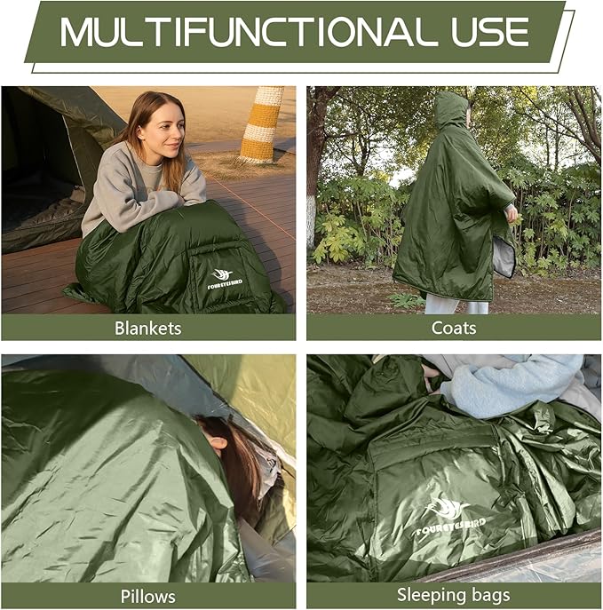 Wearable Hooded Poncho Sleeping Bag Water Resistant Windproof 2 in 1 Spring Poncho Blanket for Camping Hikes