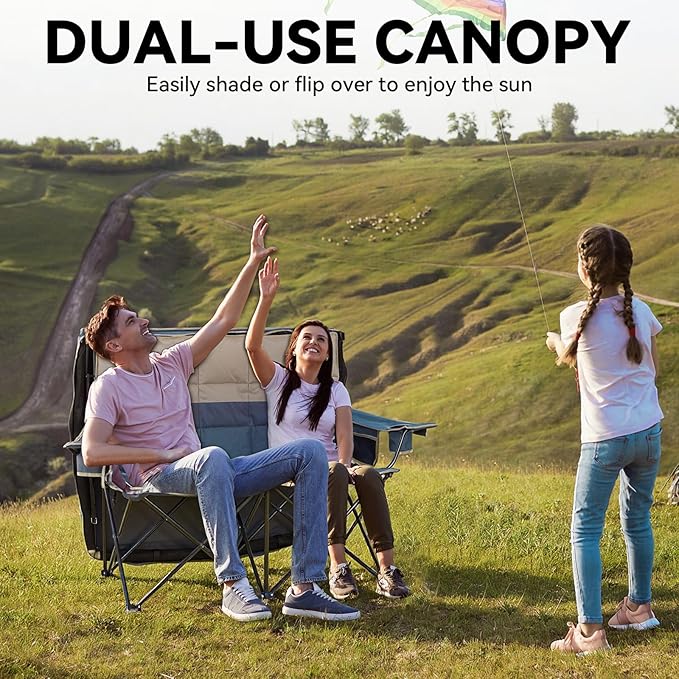 Double Beach Chair With Canopy Shade Camping Chair With Canopy Oversized Double Camping Chair With Canopy Folding Loveseat Chair With Two Cup Holders and Cooler Bag For CampingBeach Fishing