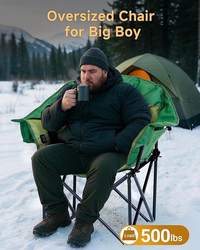 Slsy Oversized Heated Massage Camping Chair with Armrests Portable Padded Folding Chair Heavy-Duty 500 lbs Support for Camping Tailgating &amp Outdoor Relaxation