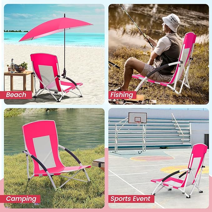 Giantex 2-Pack Low Folding Beach Chair with Detachable &amp Adjustable Umbrella Carrying Bag Padded Armrests Mesh High Back Load 330 LBS Anti-Slip Foot Pads Camping Chair for Picnic Lawn Pink