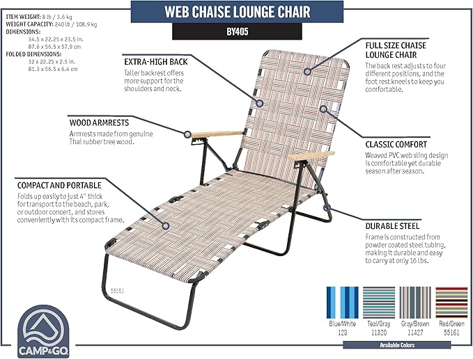 Camp &amp GO 4-Position Folding Web Lawn Chair Outdoor Lounger Blue/White undefined/White