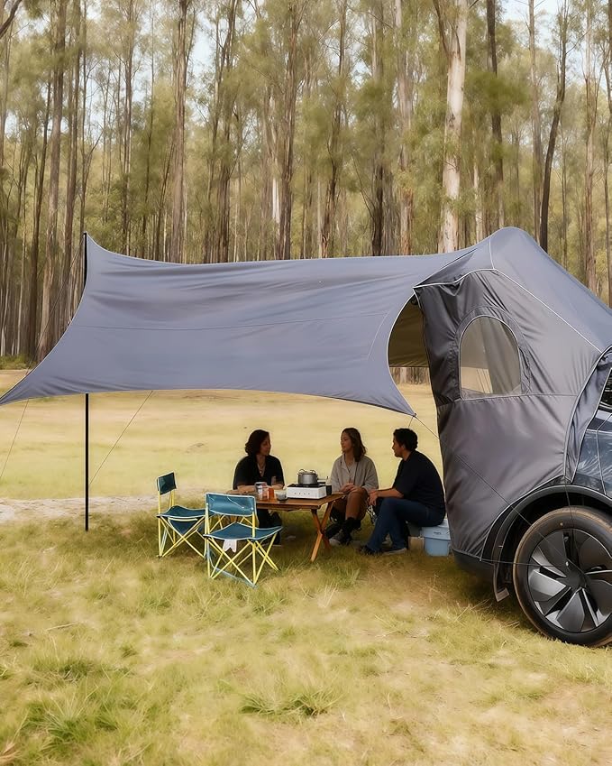 Camping Tent with Canopy for Tesla Model Y Juniper Accessories 2025 2026 [UPF50+ &amp Waterproof PU 3000mm] 420D Oxford Fabric Car Tailgate Shade Awning with Screen Net for 7-8 Person - Grey