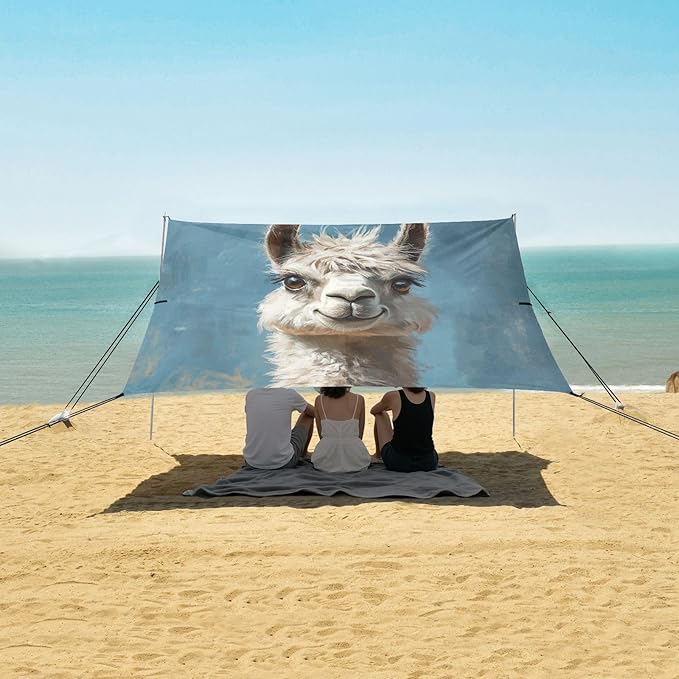 ALAZA Cute Llama Alpaca Painting Beach Tent Sun Shelter UPF50+ Protection Beach Shade Canopy w/ 4 Sandbags for Outdoor Camping Fishing Backyard Fun Picnic 10x9 ft