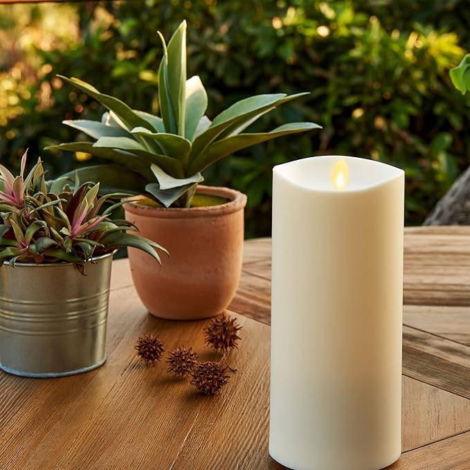 Luminara Outdoor Flameless LED Ivory Candle Melted Edge 3.75 x 9 Real Moving Flame Battery Operated Timer Plastic Weather-Resistant