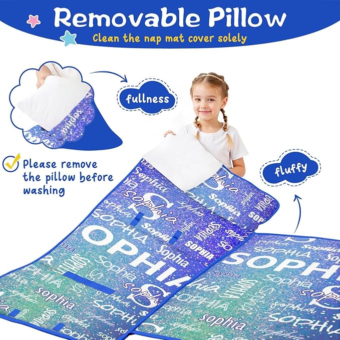 Personalized Name Toddler Nap Mat for Daycare Preschool Kindergarten Customized Kids Sleeping Bag with Pillow and Blanket for Girls Boys Custom Name Monogrammed Nap Mats for Toddlers