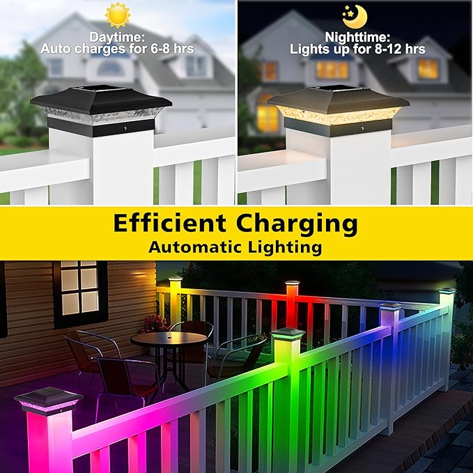 T-SUN Solar Post Cap Lights with Auto-Change Colors- for Vinyl/Wooden Posts IP65 Weatherproof Outdoor Solar Fence Post Lights for Deck Porch Garden &amp Stairs(24-PackRGB)