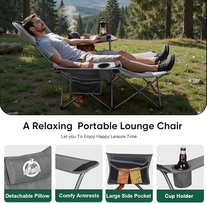 Northroad Foldable Camping Chair w/Foot Rest Outdoor 6 Legged Beach Chair w/Footrest Adjustable 90°- 135° Reclining Lounge Chair w/Detachable Pillow Cup Holder &amp Carry Bag