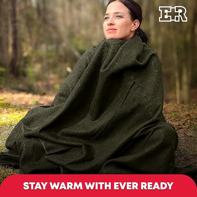 Ever Ready First Aid Military Wool Blanket - 95% Wool Washable Perfect for Outdoors Picnics Travel Car &amp Bushcraft Emergency Blanket 96 x 96 6.65 lbs. - Olive Drab Green - Queen Size