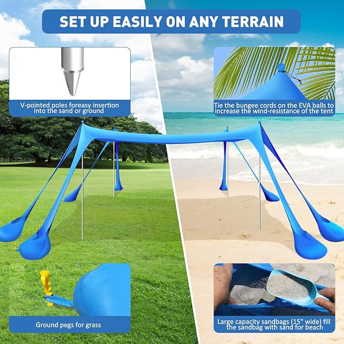 Beach Tent Sun Shelter 10x10ft Beach Canopy Easy Pop Up Sun Shade Portable UPF50+ with 8 Sandbags-2 Sand Shovel-4 Aluminum Poles-Ground Pegs for Outdoor Family Camping Fishing Backyard Picnic