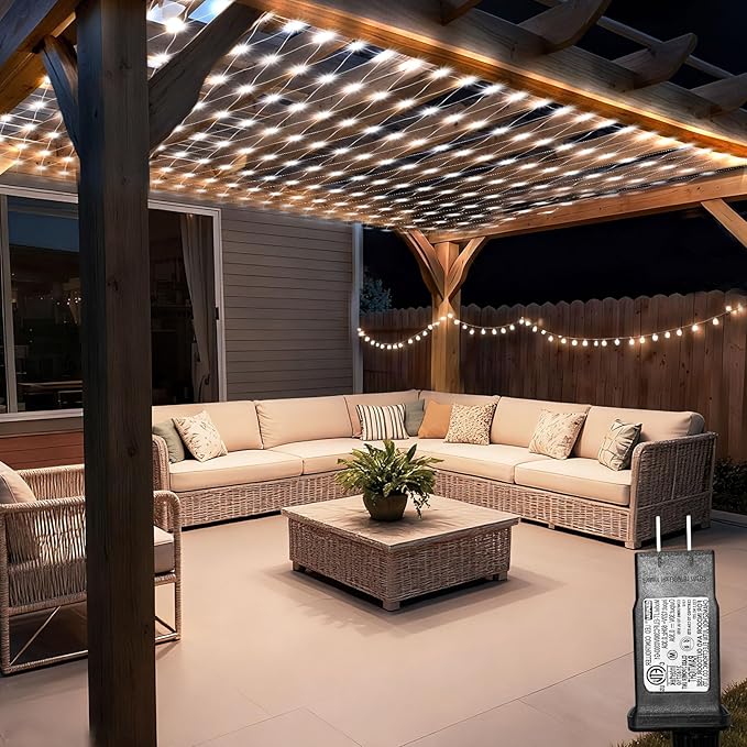 Lovelite 13ft x 13ft Net Lights Outdoor 400LED Large Gazebo Lights 8 Modes Timer Waterproof Connectable Christmas Mesh Light Clear Wire for Bushes Patio Pergolas Garden Holiday Party - Cool White