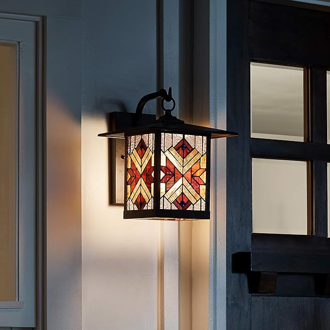 RIVER OF GOODS Stained Glass Outdoor Light Fixture - 11.75 H - Mission Style Porch Light - Peggy