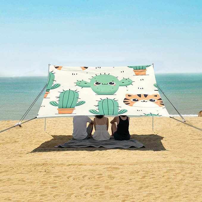 Cartoon Simple Cactus Cute Tiger Face Camping Sun Shelter Beach Tent Portable Beach Sun Shade Outdoor Canopy for Camping Trips Fishing Picnic