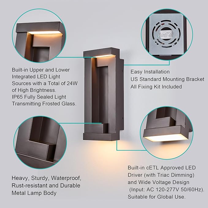 Modern Outdoor LED Wall Lights 15 H Outside Art Wall Sconce Bronze Wall Mount Fixture with Integrated LED 24W 2200LM 3000K IP65 Waterproof Exterior Lamp for House Porch Garage