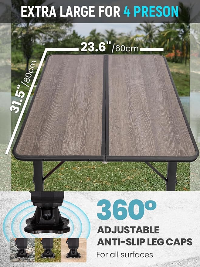 KingCamp Folding Glass Fiber Camping Table Portable Camp Table with Adjustable Height Aluminum Legs &amp Carry Bag for Outdoor Picnic Beach Party Indoor Use for 2-4 People