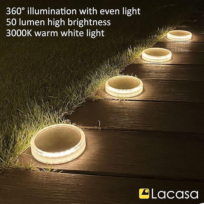 Lacasa Solar Deck Lights Driveway Walkway Dock Light Solar Powered Outdoor Waterproof Stair Step Pathway Ground LED Lamp for Backyard Patio Garden Auto On/Off - Warm White - 4 Pack