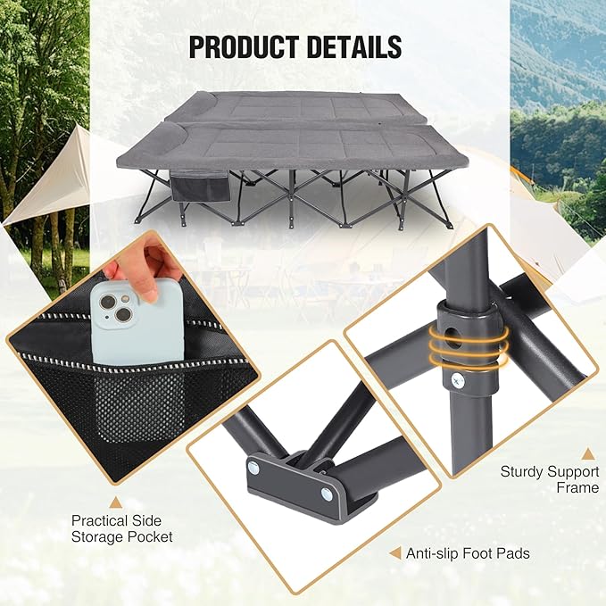 REDCAMP 2 Person Extra Wide Camping Cots for Adults 500lbs 59 W Oversized Heavy Duty Sleeping Cots XXXL Cots Portable for Indoor Office Outdoor Grey