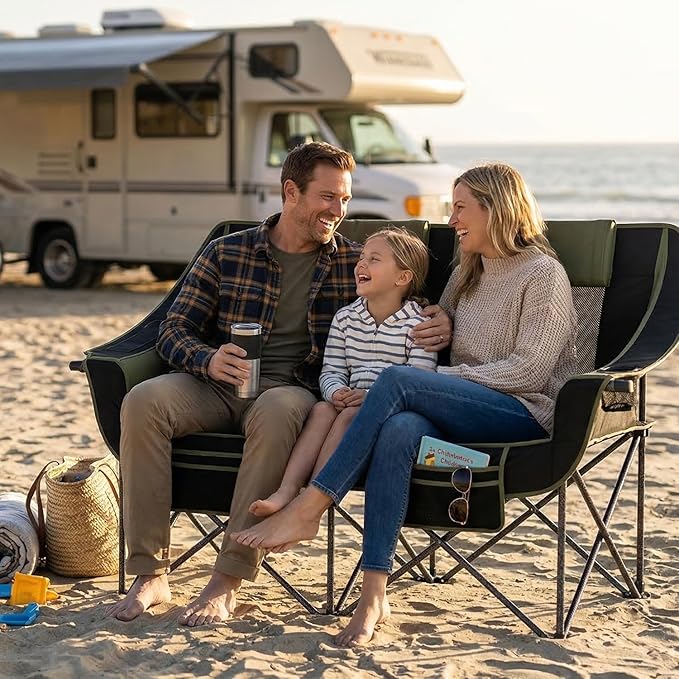 Heavy Duty Double Camping Chair with Padded Camping Loveseat – Oversized 2 Person Folding Camping Chair for AdultsPortable Camping Sofa with Cup Holders &amp Carry Bag for Outdoor Lawn Beach or Pat