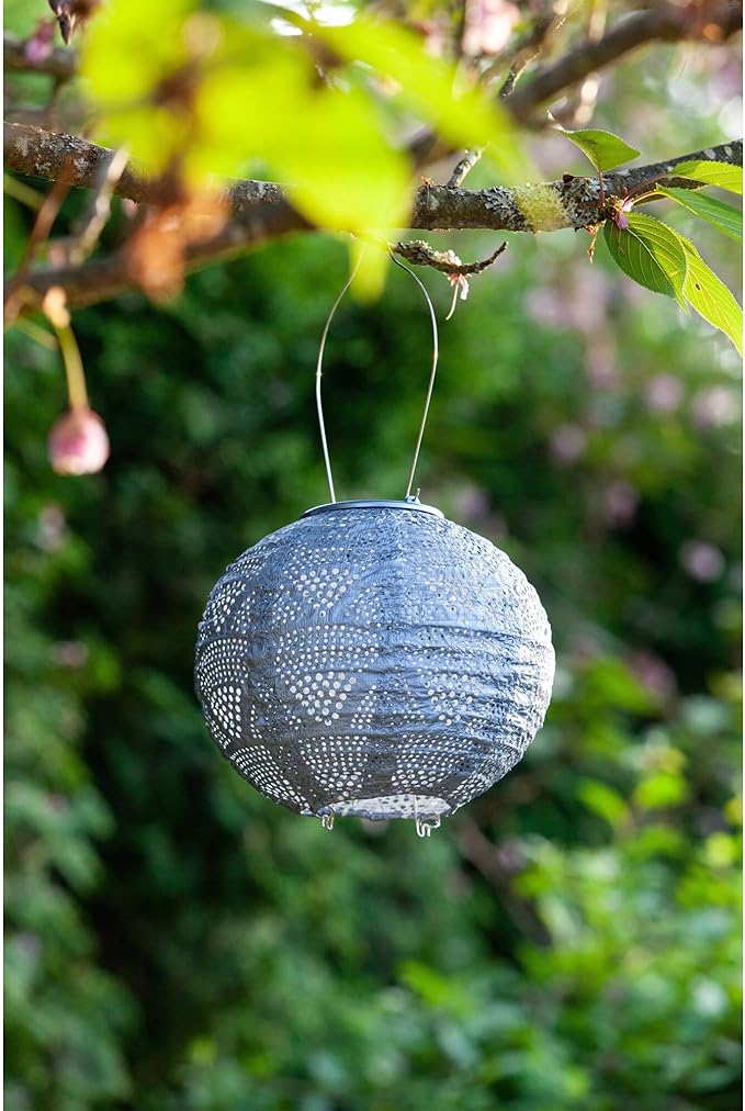 Allsop Soji Stella Globe 8 LED Outdoor Solar Lantern Handmade with Weather-Resistant UV Treated Fabric Stainless Steel Hardware Auto Sensor on/Off for Patio Deck Garden (Metallic Blue)
