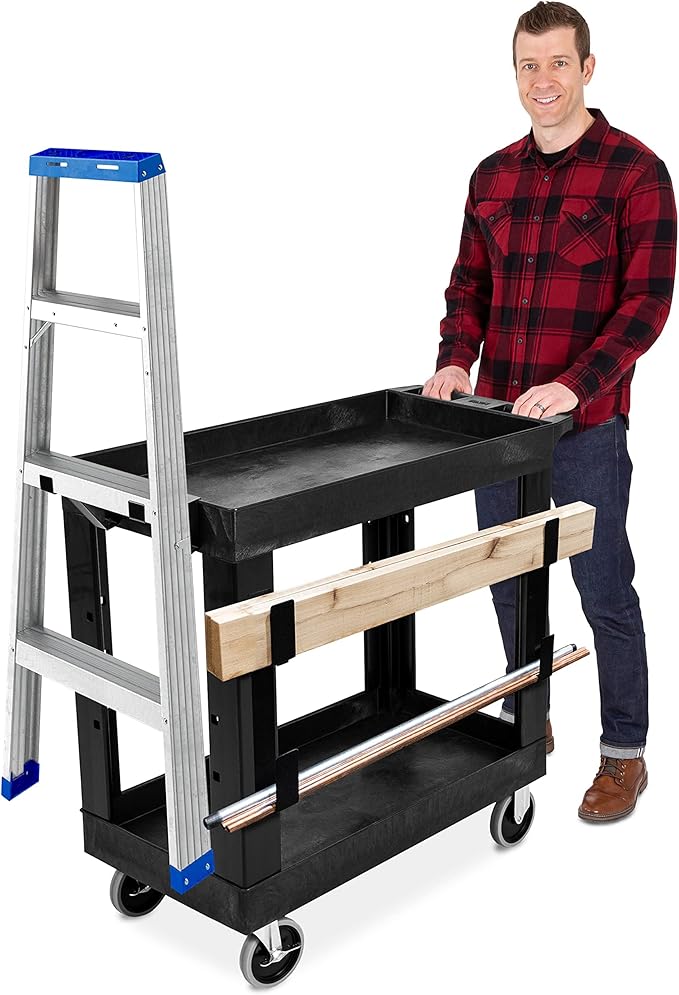 Stand Steady Tubstr 2 Shelf Utility Cart | Heavy Duty Service Cart Holds 400 lbs. | Adjustable Storage Hooks Ladder &amp Spool Holders | Tub Cart for Warehouse Garage School &amp Office (32 x 18i
