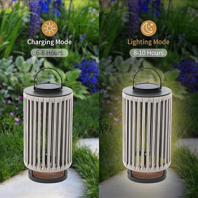 Outdoor Solar Lanterns Outdoor Hollowed-Out LED Floor Lights Aluminum Braided Rope Lantern with Handle for Patio Yard Pathway Grey