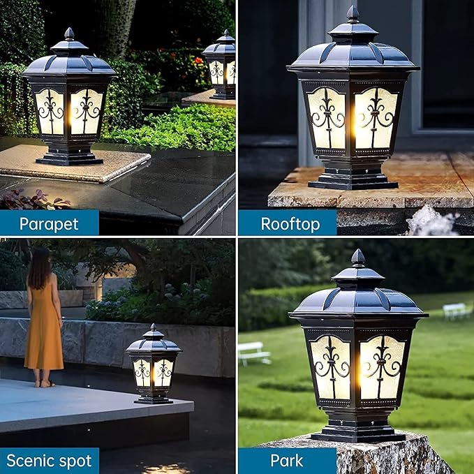 Outdoor Column Lights IP65 Waterproof Garden Post Light Fixture Aluminum Glass Pillar Lights Outdoor Fence Column Cap Light External Patio Landscape Post Lamps (Black)