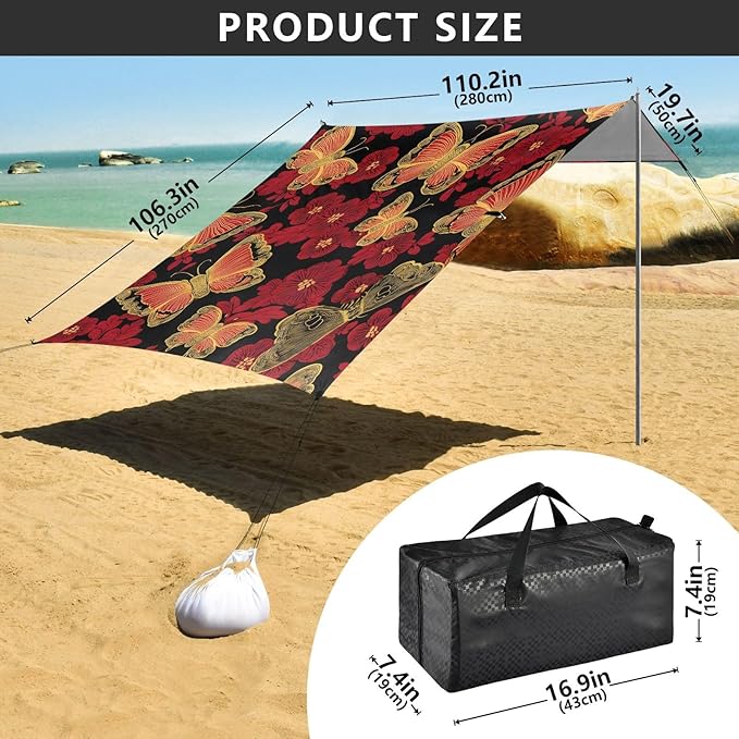ALAZA Red Cherry Blossom Butterfly Beach Tent Sun Shelter UPF50+ Protection Beach Shade Canopy w/ 4 Sandbags for Outdoor Camping Fishing Backyard Fun Picnic 10x9 ft