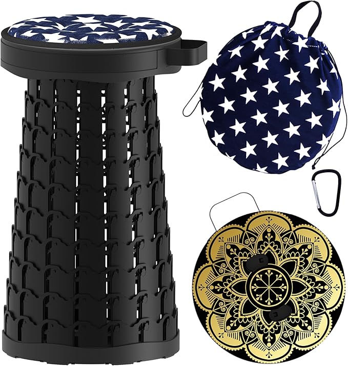 ALEVMOOM Upgraded Telescoping Collapsible Stool with Cushion Folding Stool with Printing Portable Retractable Foldable Seat Max Load 550lbs for Adults Camping Fishing Outdoor
