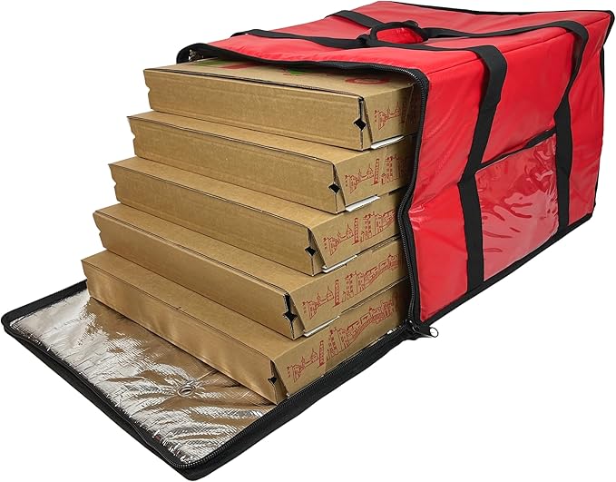 FSE Insulated Pizza Food Delivery Bag Carrier 18 Inch x 18 Inch x 13 Inch Breathable Design Fits Five 16 Pizza Boxes or Four 18 Pizza Boxes for Hot or Cold Items Red