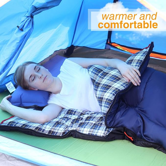 REDCAMP Outdoors Cotton Flannel Sleeping Bag for Camping 3-Season Trip Warm Envelope Sleeping BagsNavy Blue with 2lbs Filling＋Memory Foam Camping Pillow for Sleeping Lightweight and Compressible
