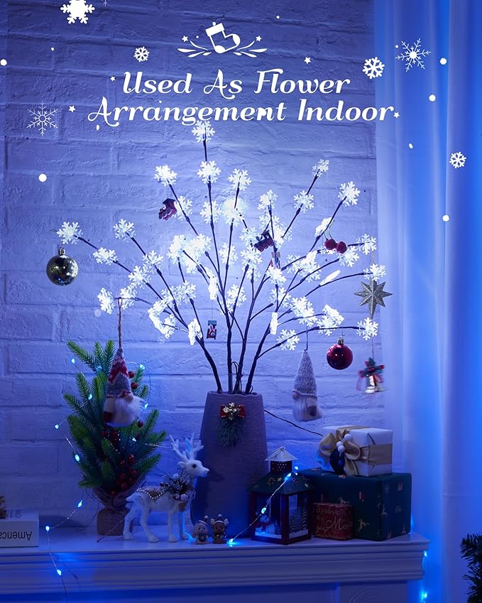 Brightown Snowflake Lights Outdoor Pathway 8 Packs Lighted Branches Christmas Yard Decor Small Tree with Lights Twig Branch Outdoor Christmas Decorations Pure White
