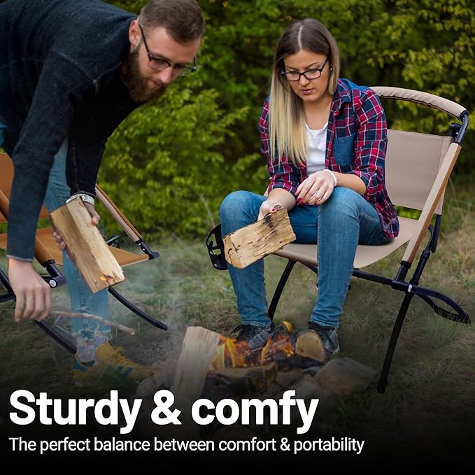 Folding Chair Double-Side Seat Camping Chair Usable On Both Sides One Chair Two Heights Carbon Steel Portable Foldable with Cup Holder for Camp Beach Picnic Patio Sports Brown Beige