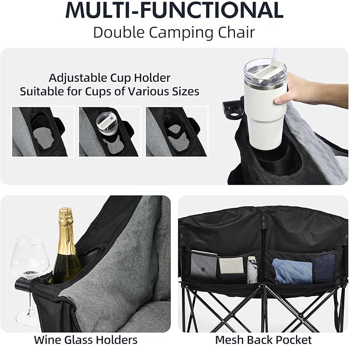 Double Camping Chair Loveseat - 2 Person Oversized Camping Couch for Adults Padded Heavy Duty Outdoor Lawn Beach Portable Folding XL Chairs with Cup Holders and Carry Bag Support 600lbs Black/Grey