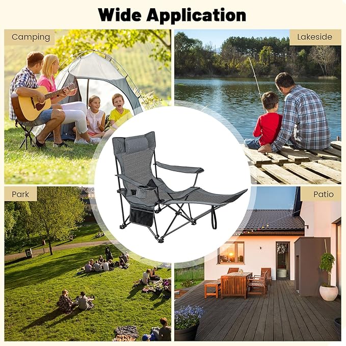 GYMAX Camping Chair Adjustable Reclining Lounge Chair w/Removable Footrest Padded Pillow Cup Holder &amp Side Pocket Folding Camping Mesh Chair w/Carry Bag for Outdoor Patio Lakeside (1 Grey)