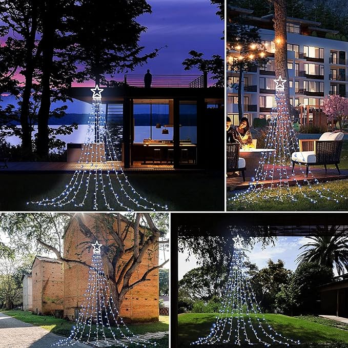 Christmas Decoration Lights Outdoor Christmas String Lights 320 LED 11.5 Ft Waterfall Tree Light with Big Star Topper 8 Light Modes for Xmas New Year Holiday Garden Yard Indoor Outdoor Decor