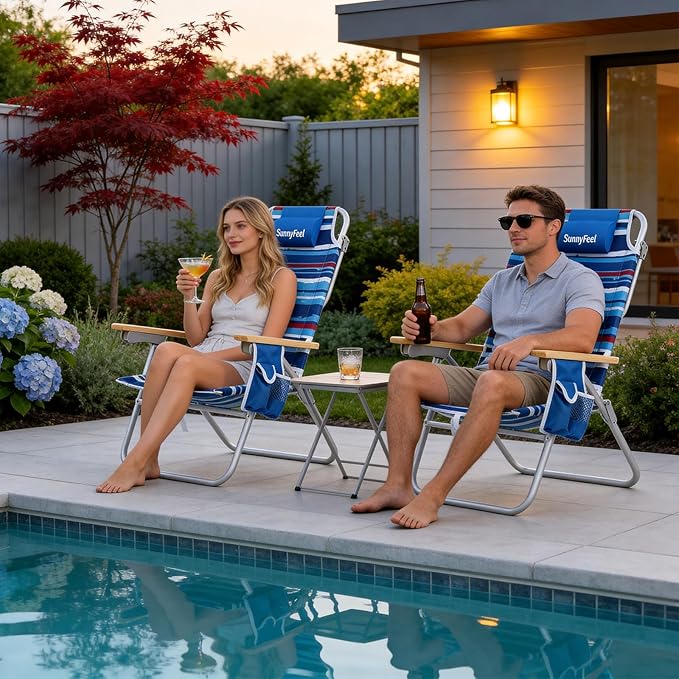 SUNNYFEEL Tall Beach Chair Reclining Beach Chair with 5-Position Portable Camping Chair for Adults with Wood Armrest Lightweight Camping Chair 300 lbs Heavy Duty Blue Stripe 2 Pack