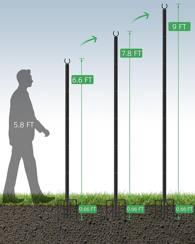 LAND·VOI Outdoor String Light Poles 1 Pack Heavy Duty String Light Poles for Outside with 5-Prong Base &amp Adjustable Height Perfect for Backyard Patio Garden Fence and Party Decor