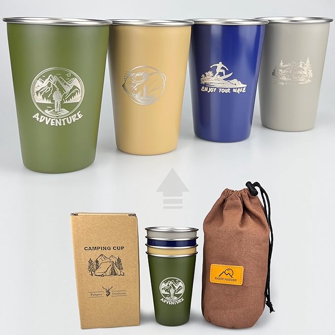 Camping Cup 16oz (4 Pack) 18/8 Stainless Steel Cup for Outdoor Picnic Hiking Fishing Surfing Party Pint cup Metal Mug Tumbler Camping Gift for Him (4 colors)