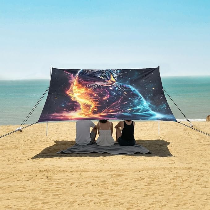 ALAZA Dreamy Cat Galaxy Beach Tent Sun Shelter UPF50+ Protection Beach Shade Canopy w/ 4 Sandbags for Outdoor Camping Fishing Backyard Fun Picnic 10x9 ft